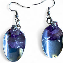 Load image into Gallery viewer, Upcycled repurposed beautiful vintage spoon and amathyst chip earrings