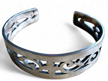 Load image into Gallery viewer, Upcycled and repurposed silver plated pierced cuff bracelet