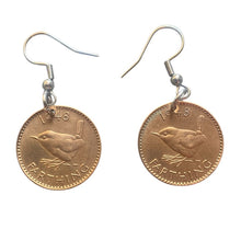 Load image into Gallery viewer, Upcycled & repurposed 1948 British bronze farthing coin earrings with wren bird design