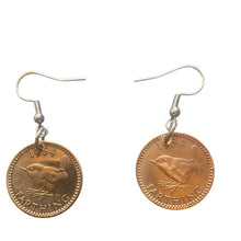Load image into Gallery viewer, Upcycled & repurposed 1954 British bronze farthing coin earrings with wren bird design