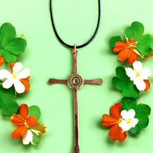 Load image into Gallery viewer, Upcycled & repurposed bullet end mounted on beaten copper wire cross