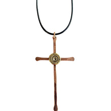 Load image into Gallery viewer, Upcycled & repurposed bullet end mounted on beaten copper wire cross