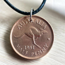 Load image into Gallery viewer, Upcycled & repurposed 1951 Australian half penny kangaroo coin necklace with cord