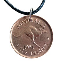 Load image into Gallery viewer, Upcycled & repurposed 1951 Australian half penny kangaroo coin necklace with cord