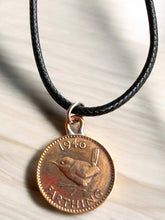 Load image into Gallery viewer, Upcycled & repurposed 1946 British bronze farthing coin pendant necklace with wren bird design