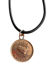 Load image into Gallery viewer, Upcycled & repurposed 1946 British bronze farthing coin pendant necklace with wren bird design