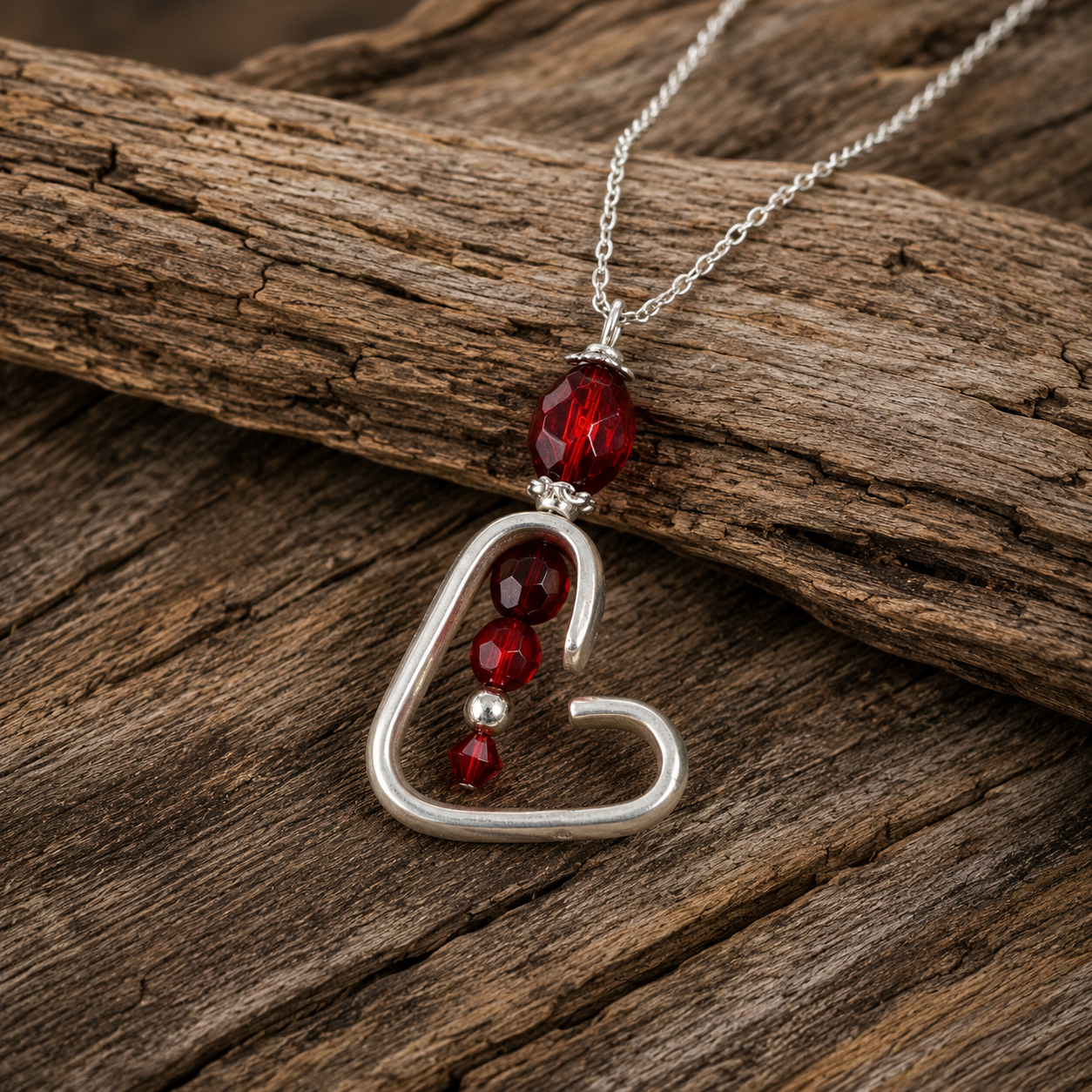 Handcrafted Ruby Heart Pendant Necklace | Reclaimed Silver-Plated Cutlery & Red Glass