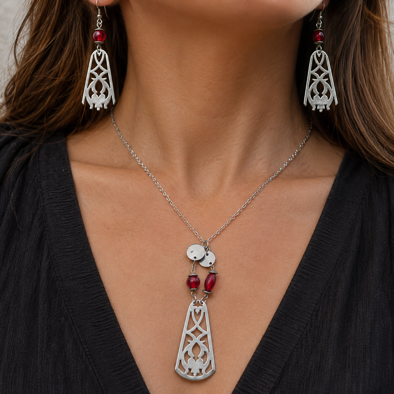 Art Nouveau Necklace & Earring Set | Silver Plate & Red Glass Beads