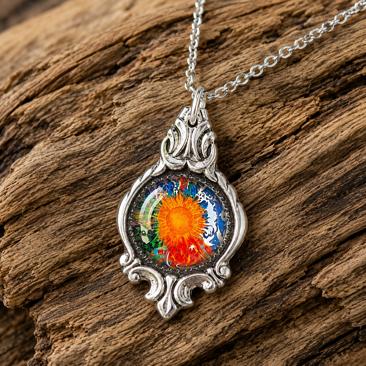 Sunburst Mandala Pendant Necklace | Handcrafted Reclaimed Silver-Plated Spoon Jewellery