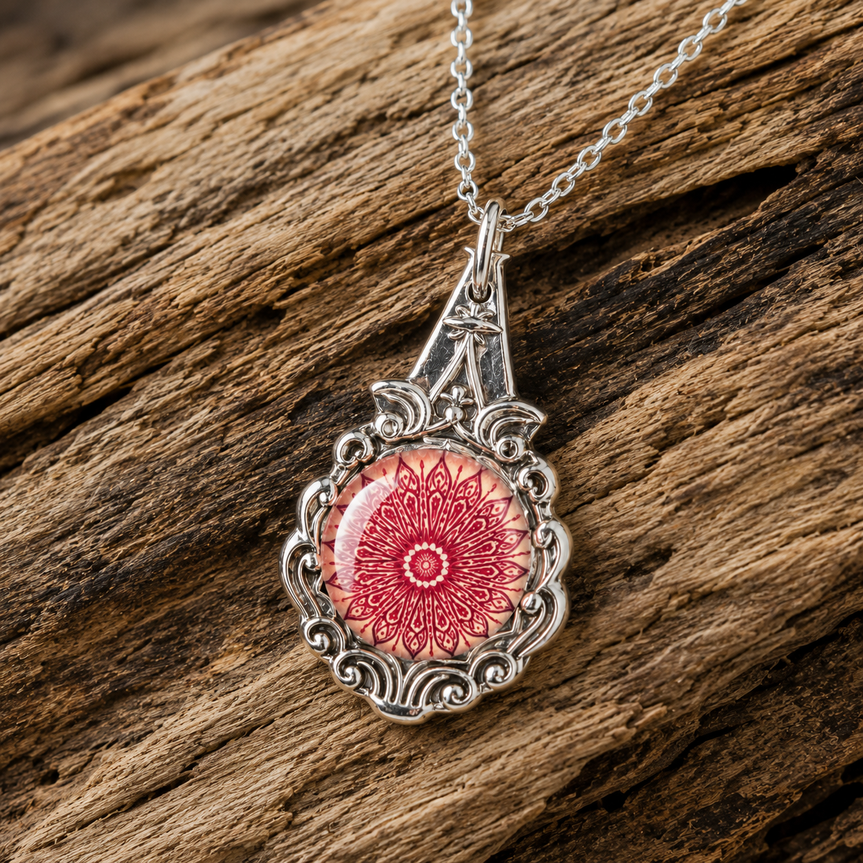 Pink Mandala Pendant Necklace | Handcrafted Reclaimed Silver-Plated Spoon Jewellery