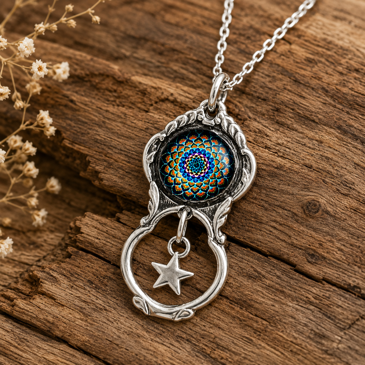 Celestial Star Mandala Pendant Necklace | Handcrafted Reclaimed Silver-Plated Spoon Jewellery