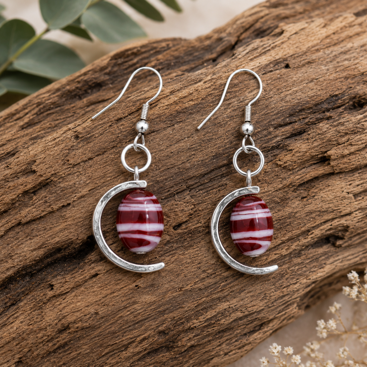 Crescent Moon Red Glass Bead Earrings | Handcrafted Reclaimed Jewellery