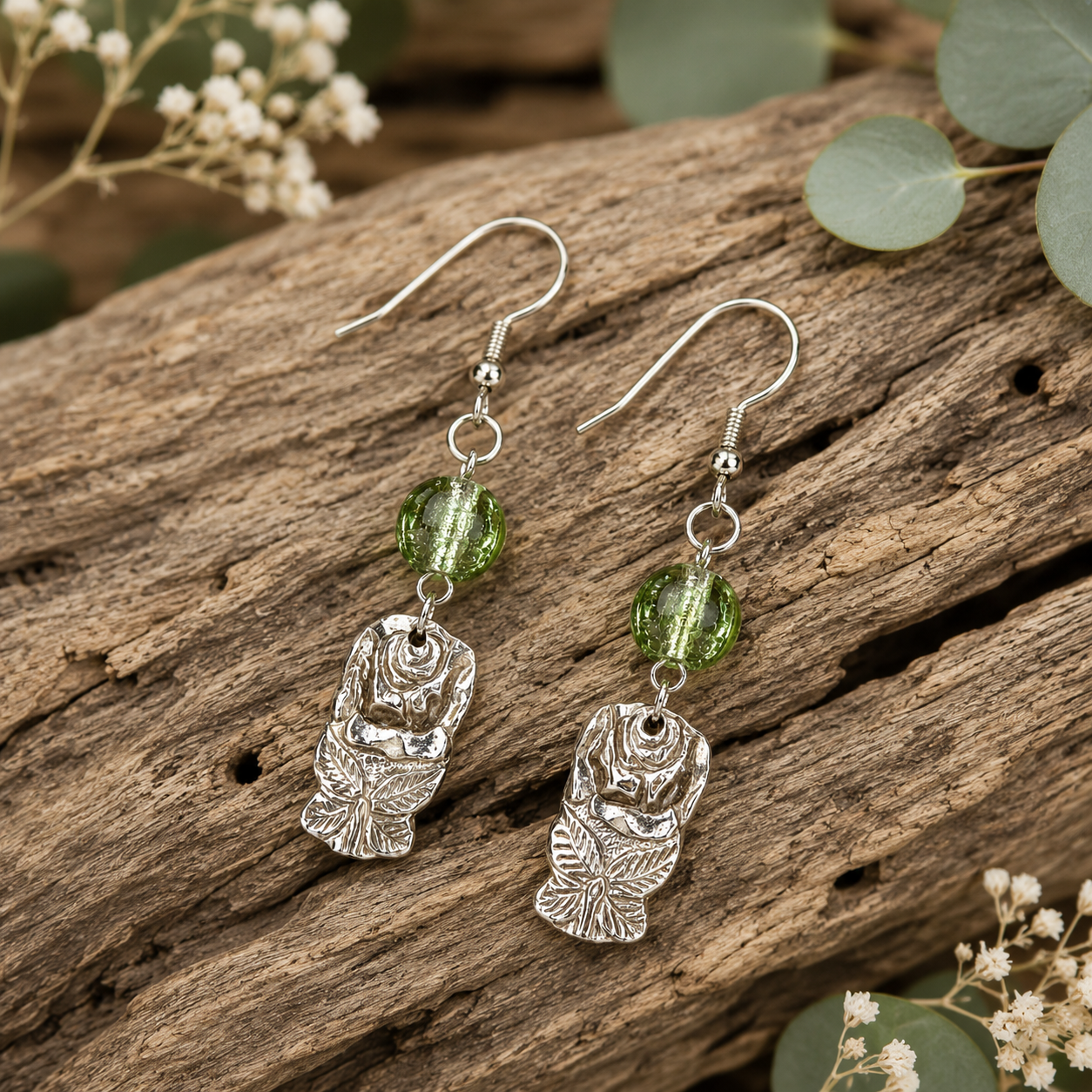 Green Glass Rose Earrings | Handcrafted Reclaimed Jewellery