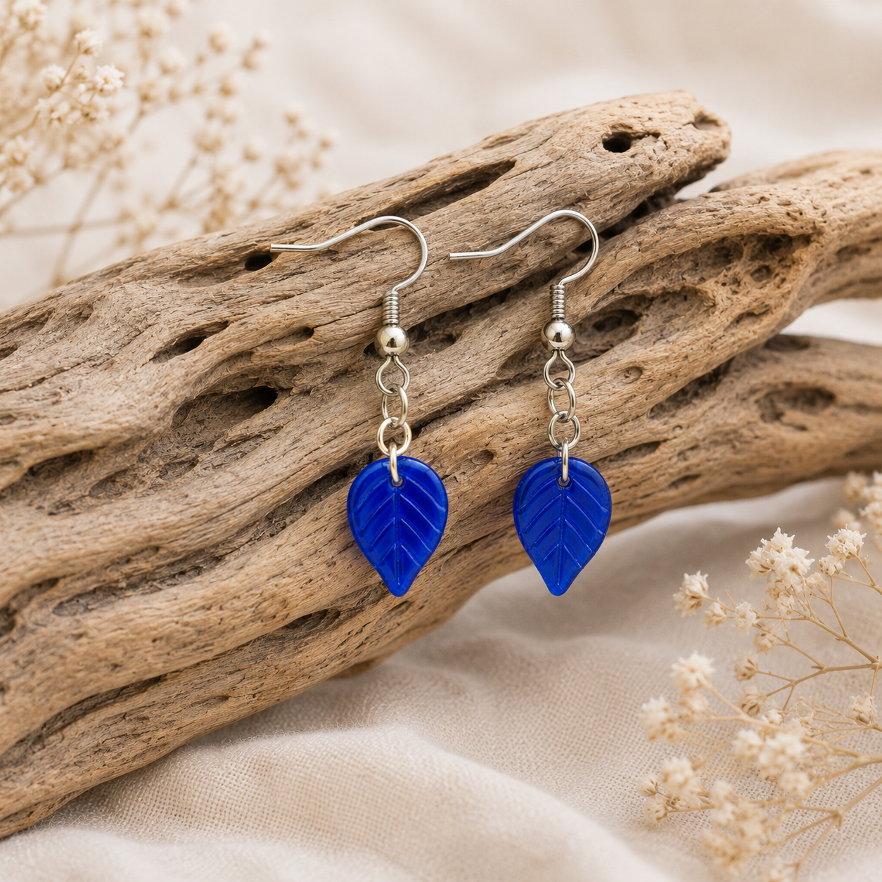 Cobalt Blue Glass Leaf Earrings | Handcrafted Repurposed Glass Jewellery