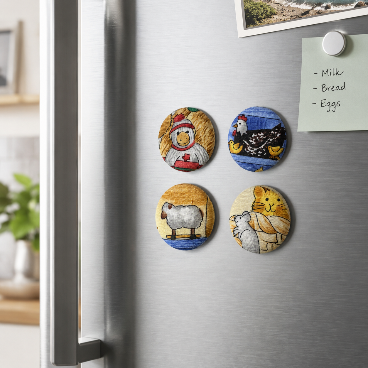 Set of 4 Country Animals Fridge Magnets | Handcrafted Reclaimed Textile Home Décor