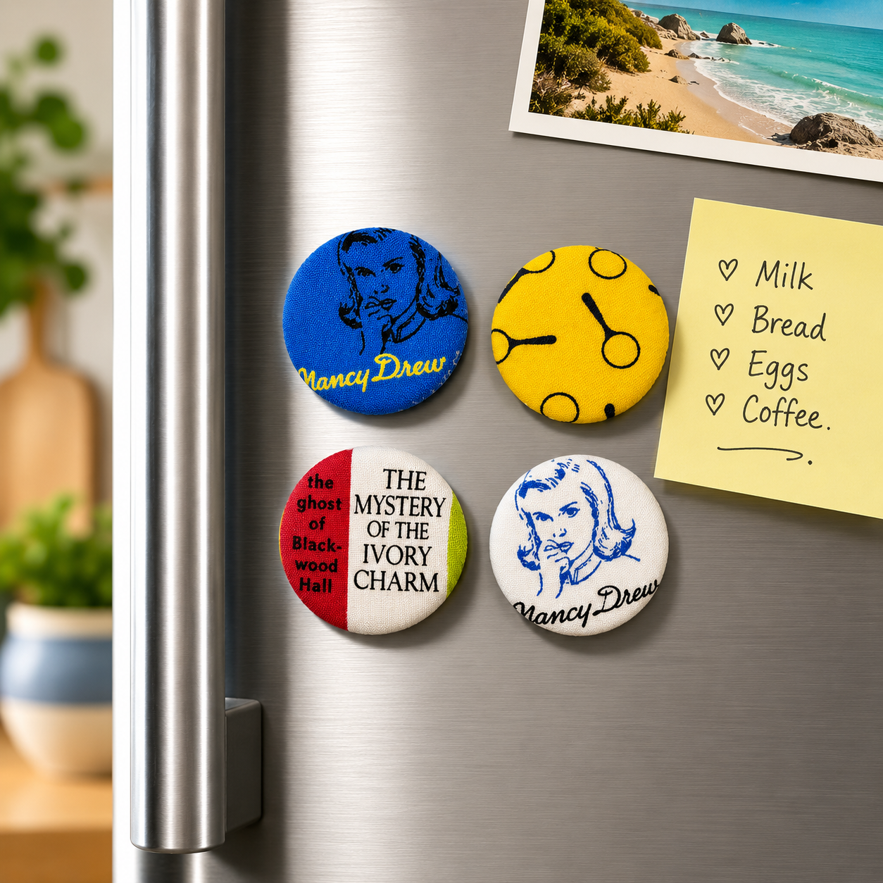 Set of 4 Mystery Book Fabric Covered Fridge Magnets | Handcrafted Reclaimed Textile Home Décor
