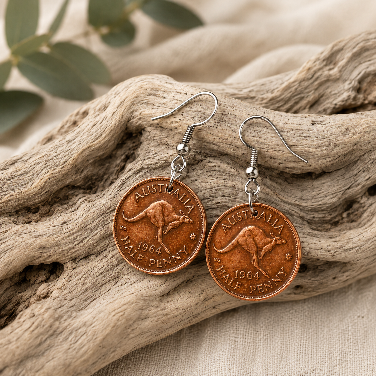 Australian 1964 Penny Coin Earrings | Handcrafted Reclaimed Coin Jewellery