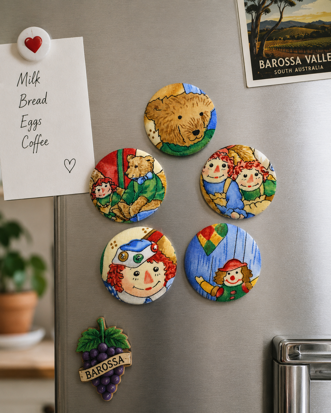 Set of 5 Teddy Bear & Rag Doll Textile Fridge Magnets | Handcrafted Reclaimed Fabric Home Décor