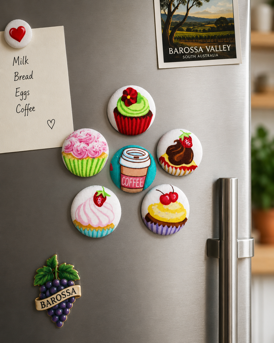 Set of 6 Cupcake & Coffee Textile Fridge Magnets | Handcrafted Reclaimed Fabric Home Décor