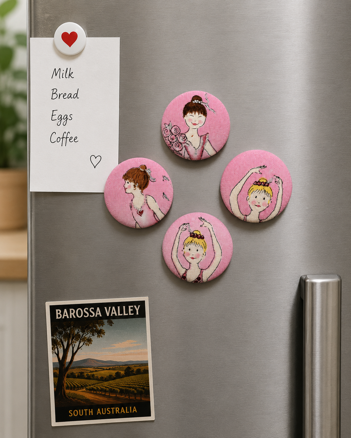 Set of 4 Pink Ballerina Textile Fridge Magnets | Handcrafted Reclaimed Fabric Home Décor