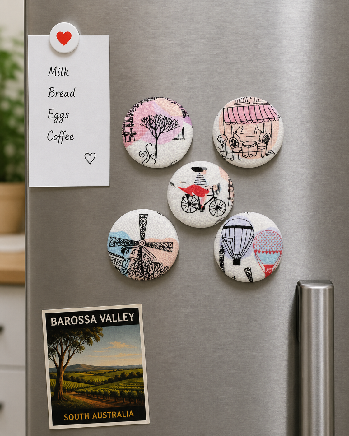 Set of 5 Parisian Travel Textile Fridge Magnets | Handcrafted Reclaimed Fabric Home Décor