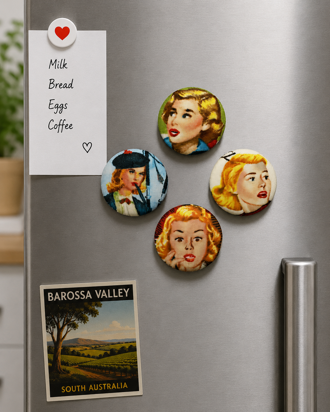 Set of 4 Vintage Hollywood Textile Fridge Magnets | Handcrafted Reclaimed Fabric Home Décor