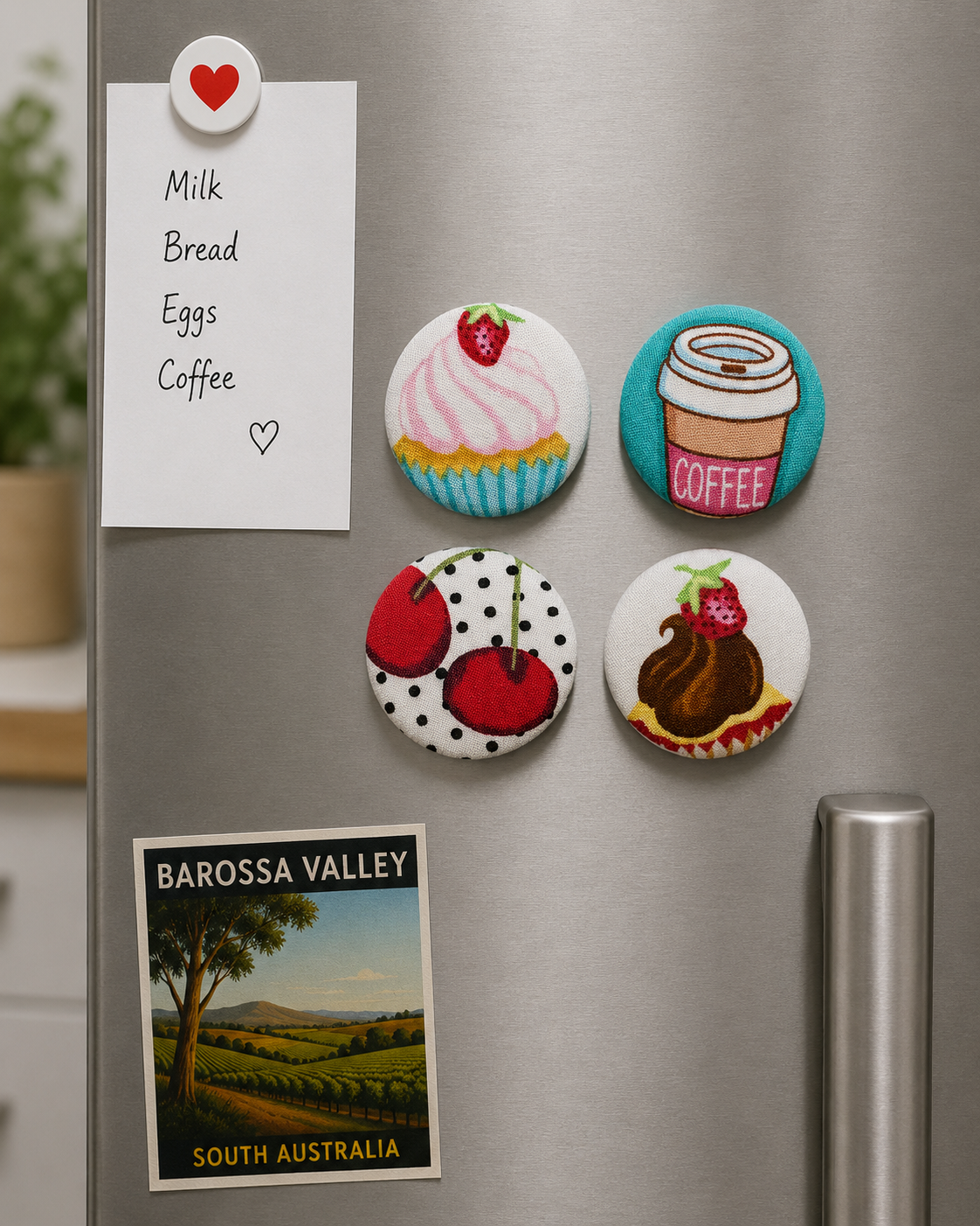 Cupcakes, Cherries & Coffee Textile Fridge Magnets | Handcrafted Reclaimed Fabric Home Décor