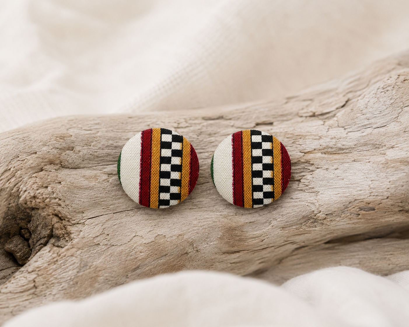 Checkered Stripe Fabric Stud Earrings | Handcrafted Reclaimed Fabric Jewellery