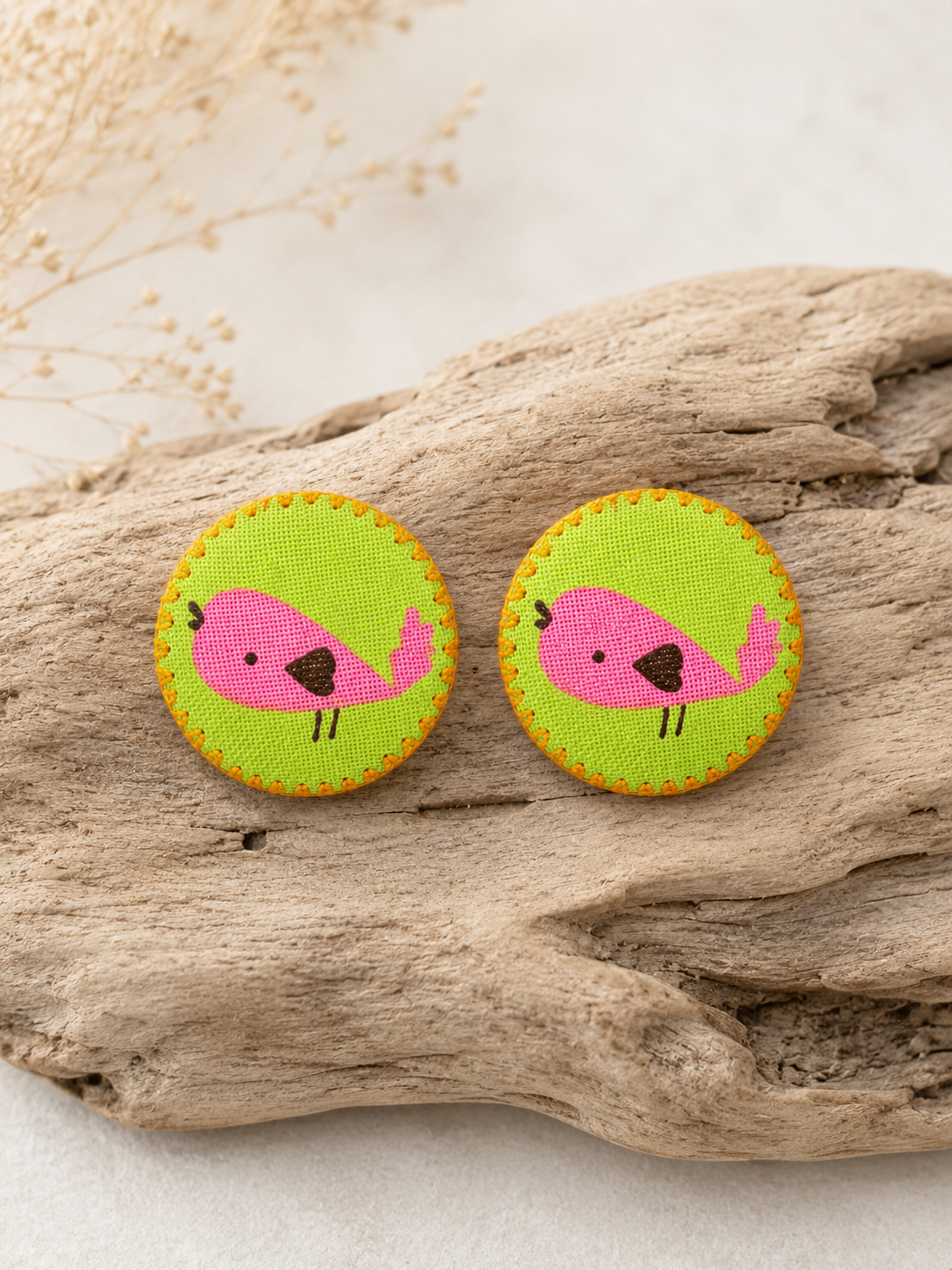 Pink Bird Fabric Stud Earrings | Handcrafted Reclaimed Fabric Jewellery