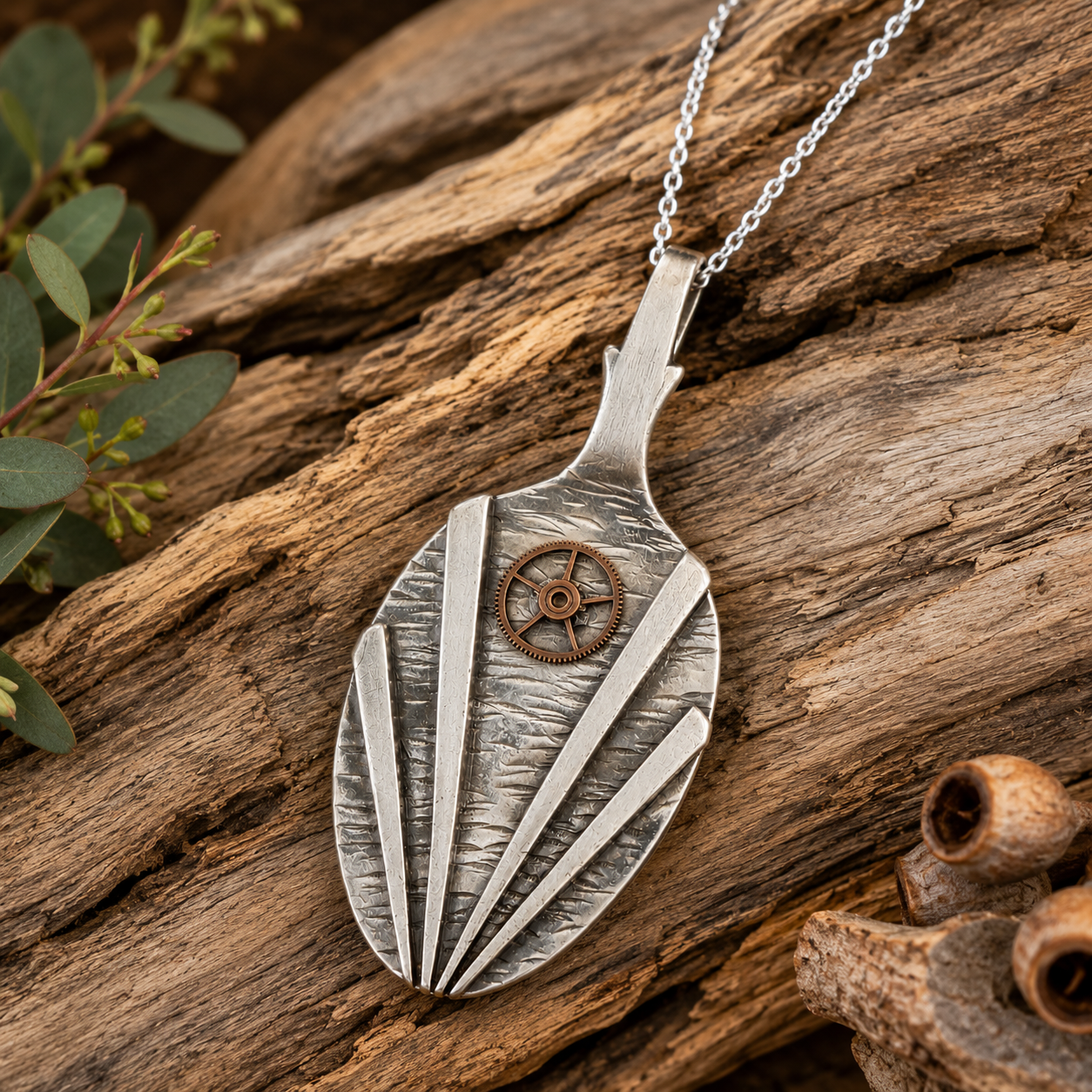 Steampunk Watch Gear Pendant Necklace | Handcrafted Reclaimed Silver-Plated Cutlery