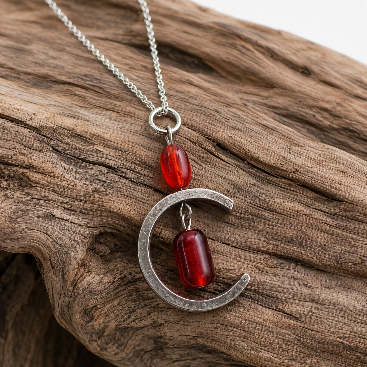 Crescent Moon Pendant Necklace | Reclaimed Silver Plated Cutlery & Red Glass Beads