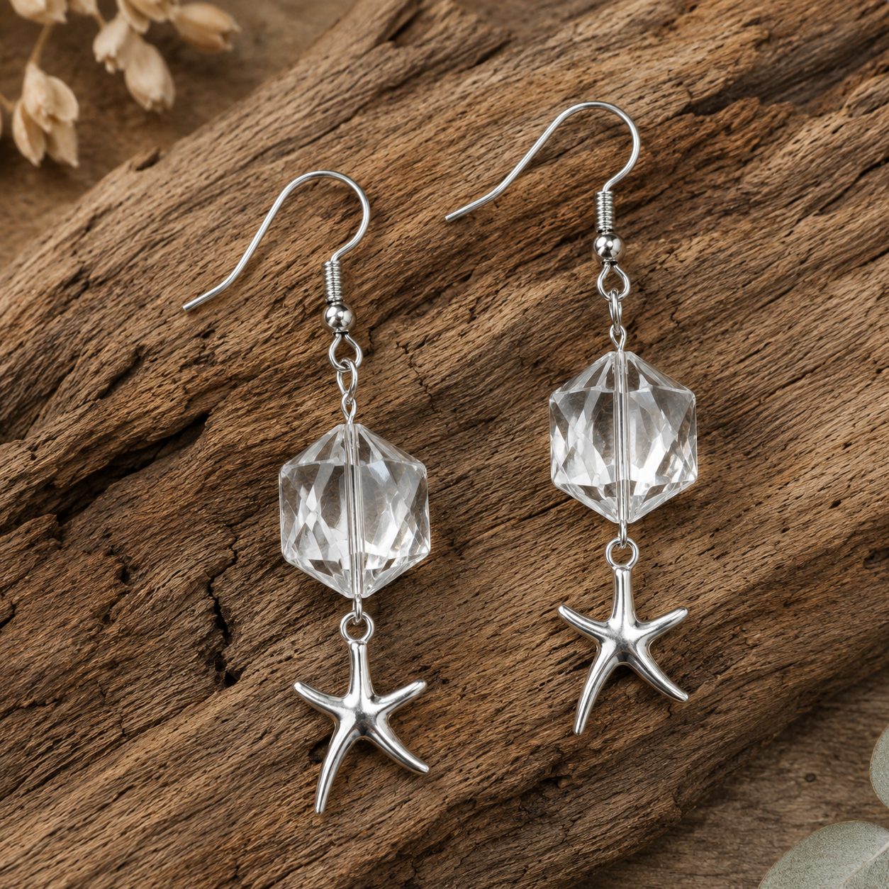 Crystal Glass Bead & Starfish Earrings | Handcrafted Coastal Jewellery