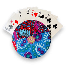 Load image into Gallery viewer, Upcycled double sided round padded playing card holder for kids or adults COLOURFUL FEATHERS