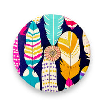 Load image into Gallery viewer, Upcycled double sided round padded playing card holder for kids or adults COLOURFUL FEATHERS