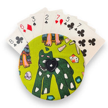 Load image into Gallery viewer, Upcycled double sided round padded playing card holder for kids or adults NATIVE DOG