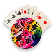 Load image into Gallery viewer, Upcycled double sided round padded playing card holder for kids or adults WIZARD IN SPACE