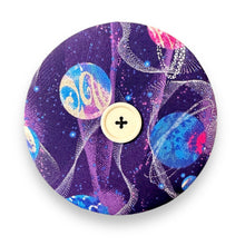 Load image into Gallery viewer, Upcycled double sided round padded playing card holder for kids or adults WIZARD IN SPACE