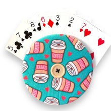 Load image into Gallery viewer, Upcycled double sided round padded playing card holder for kids or adults COFFEE & CHERRIES