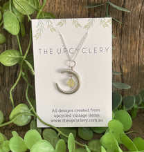 Load image into Gallery viewer, Cute upcycled repurposed moon silver plated & glass pendant necklace made from vintage spoon