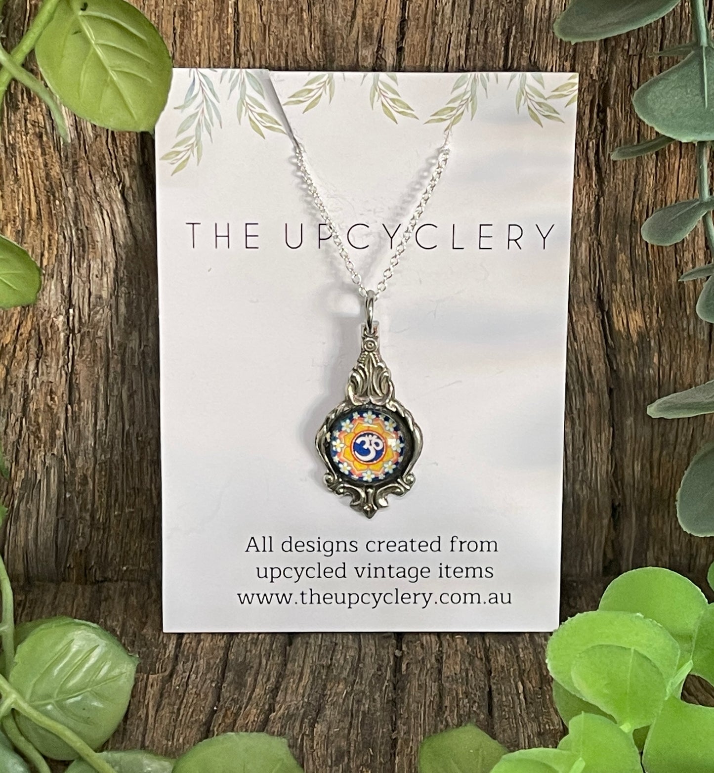 Stunning upcycled repurposed silver plated & mandala glass pendant necklace made from vintage spoon