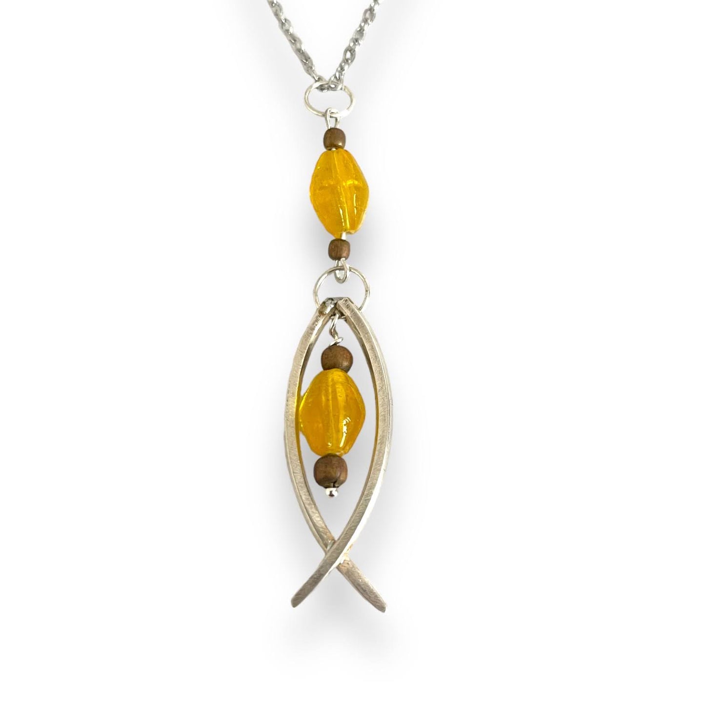 Beautiful upcycled repurposed silver plate yellow glass bead fish pendant necklace