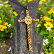 Load image into Gallery viewer, Upcycled & repurposed bullet end mounted on twisted copper cross