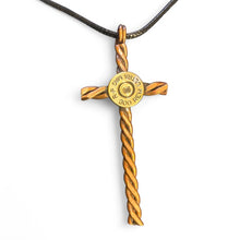 Load image into Gallery viewer, Upcycled & repurposed bullet end mounted on twisted copper cross