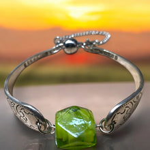 Load image into Gallery viewer, Upcycled pretty repurposed silver-plated bracelet with green glass bead made from vintage cutlery