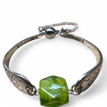 Load image into Gallery viewer, Upcycled pretty repurposed silver-plated bracelet with green glass bead made from vintage cutlery