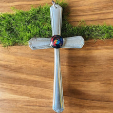 Load image into Gallery viewer, Beautiful crucifix cross hanging ornament made from upcycled silver plated cutlery