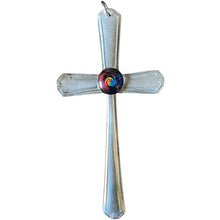 Load image into Gallery viewer, Beautiful crucifix cross hanging ornament made from upcycled silver plated cutlery