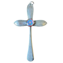Load image into Gallery viewer, Beautiful crucifix cross hanging ornament made from upcycled silver plated cutlery