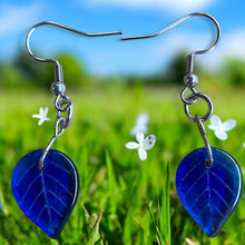 Load image into Gallery viewer, Upcycled repurposed beautiful blue glass bead leaf earrings