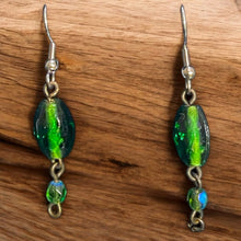 Load image into Gallery viewer, Upcycled repurposed green glass bead earings
